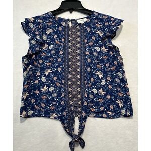 Twine String Women Blue Floral Bird Flutter Sleeve Tie Front Top Size L